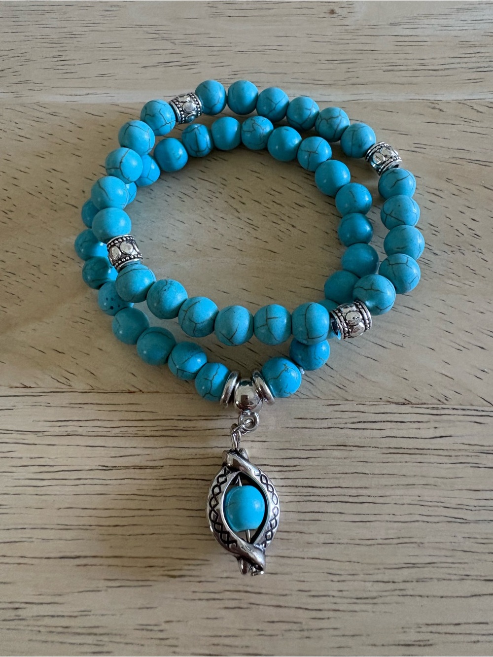 Turquoise Beaded Wrap Bracelet with Silver Charm